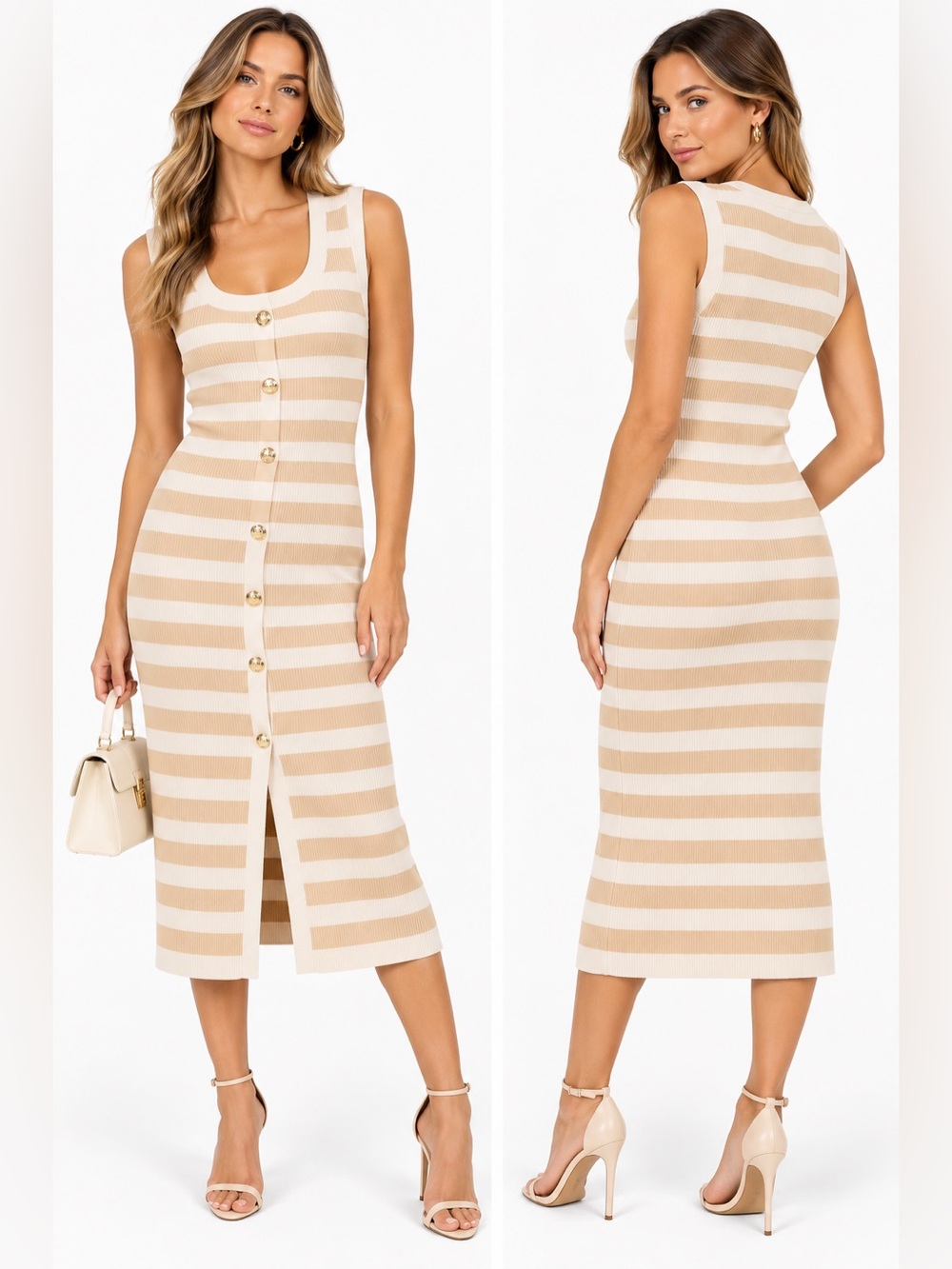 Sleeveless Striped Button-Front Midi Dress in Cream and Tan